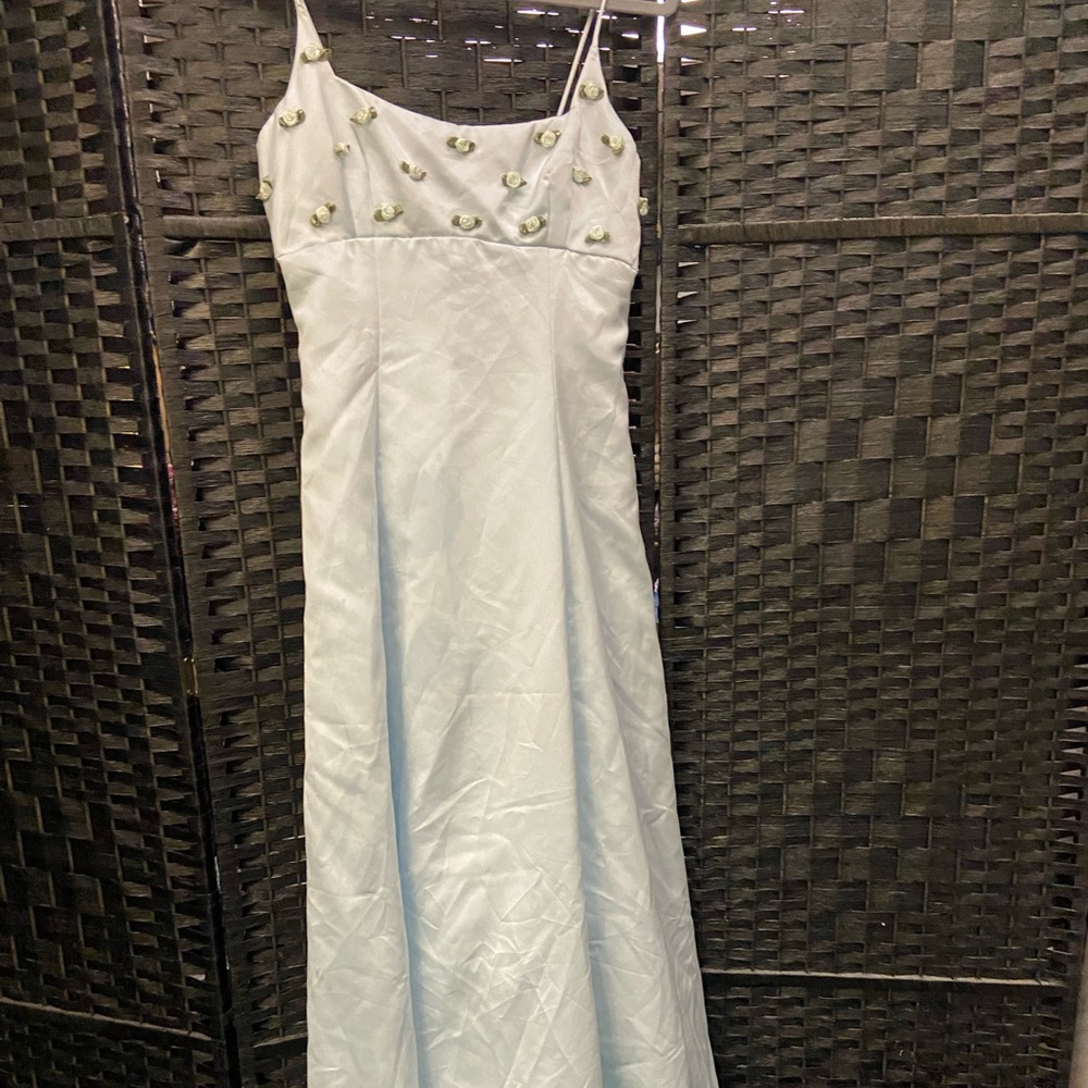 Beautiful women’s pale blue gown with flowers